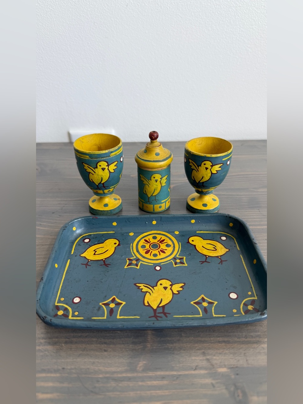 4 pieces vintage wood  egg cups with tray and salt shaker